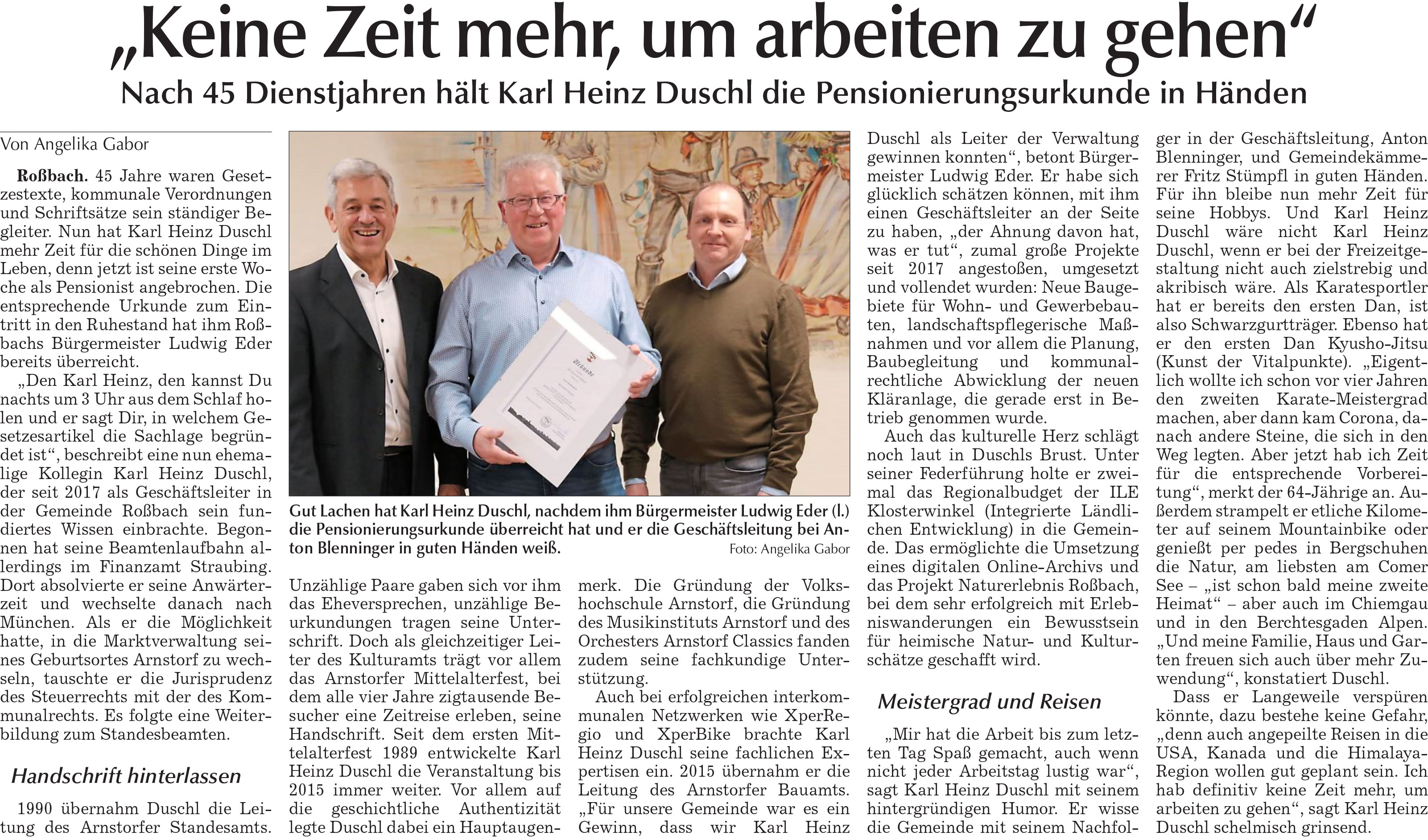 Grossansicht in neuem Fenster: Keine Zeit mehr, um arbeiten zu gehen – Karl Heinz Duschl in Pension verabschiedet - Zeitungsartikel